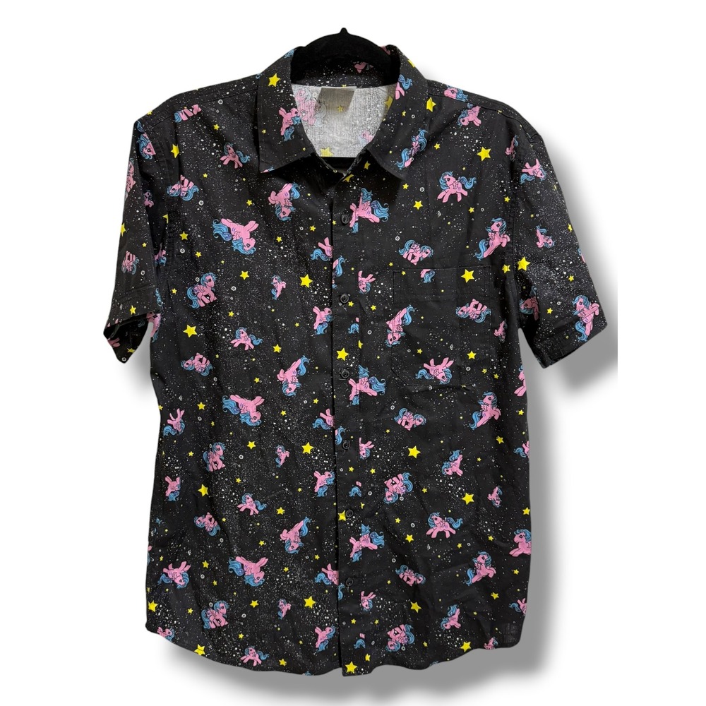 My Little Pony Button Up Shirt Men S Black Galaxy Star Print Hasbro Short Sleeve